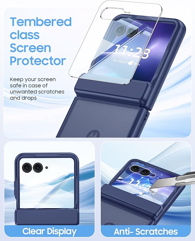 for Motorola Razr+ Plus 2026,Razr+ Plus 2025/2024 Case with Hinge Protection, Screen Protector, Skin Feel Translucent Frosted, Shockproof Cover for Razr+ 2026/2025/2024-Blue
