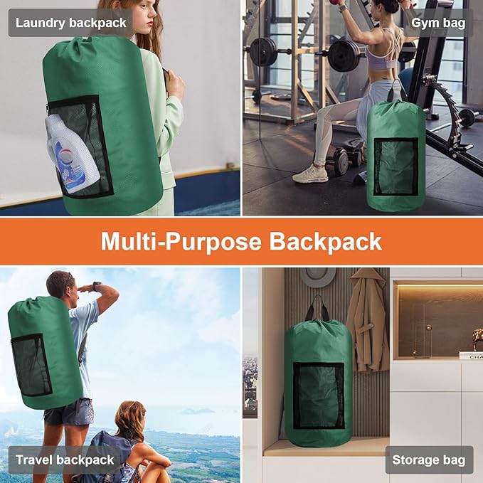 Laundry Bag Backpack Durable Laundry Bag with Shoulder Straps and Mesh Pockets Portable Laundry Hamper Dirty Clothes Bag for College, Travel, Laundromat, Apartment (Green)