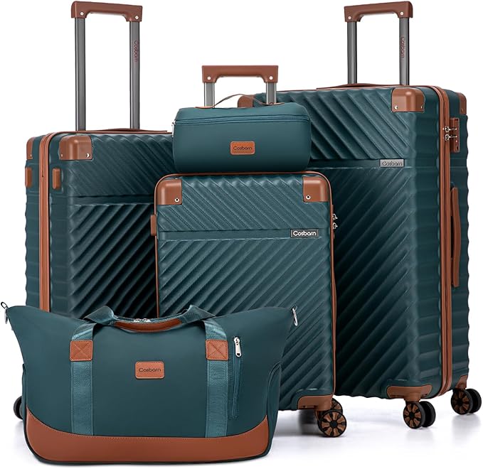 Cosbarn Luggage Sets 5 Piece with TSA Lock Spinner Wheels, Unisex Hard Case ABS Suitcase Set, Hardshell Lightweight Waterproof Travel Hardside Suitcases with Wheels for Women Men, Dark Green