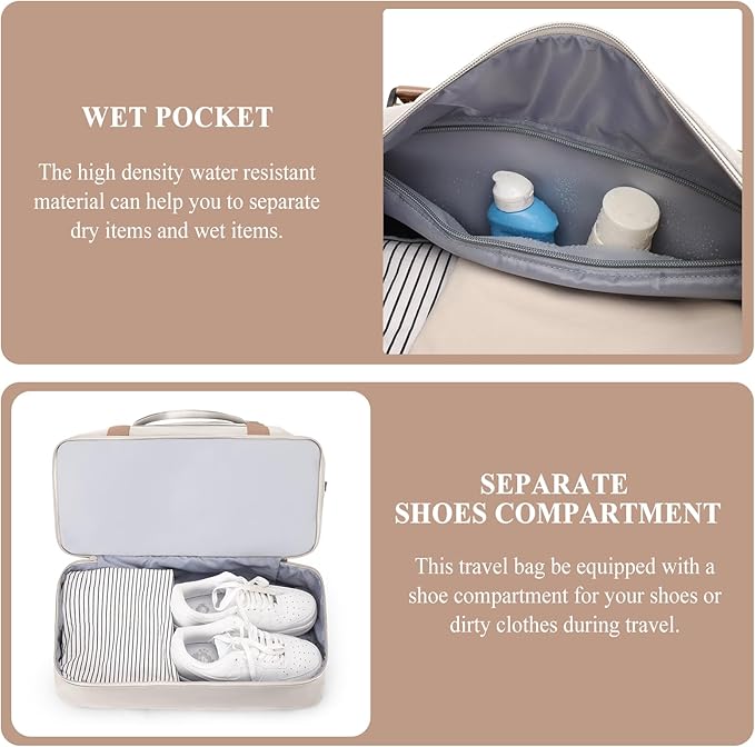 Weekender Bags for Women,Personal Item Travel Bag with Shoes Compartment,Overnight Travel Duffel Bag with Quilted Toiletry Bag,Beige&Brown