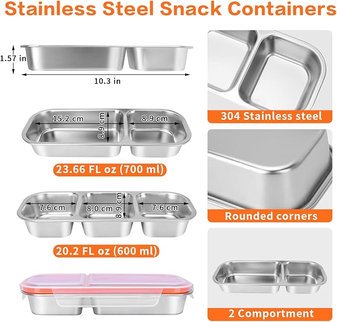 4 Pack Stainless Steel Lunch Containers with Lids, 2-Compartments Snack Container & Lunch Box, Reusable Clear Lid Snack Containers Set, Meal Prep Lunch Box (24 oz / 700ml)