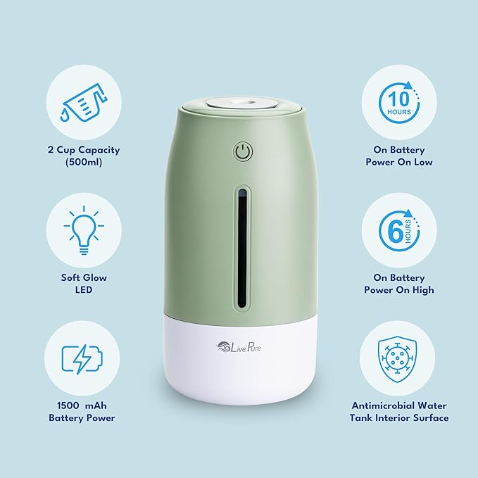 LivePure Cool Mist Humidifiers for Bedroom. Small Humidifier for Babies, Nursery, Plants, Office. Ultrasonic Cool Mist Humidifier w/Quiet Operation, USB-C Rechargeable. Mint Green