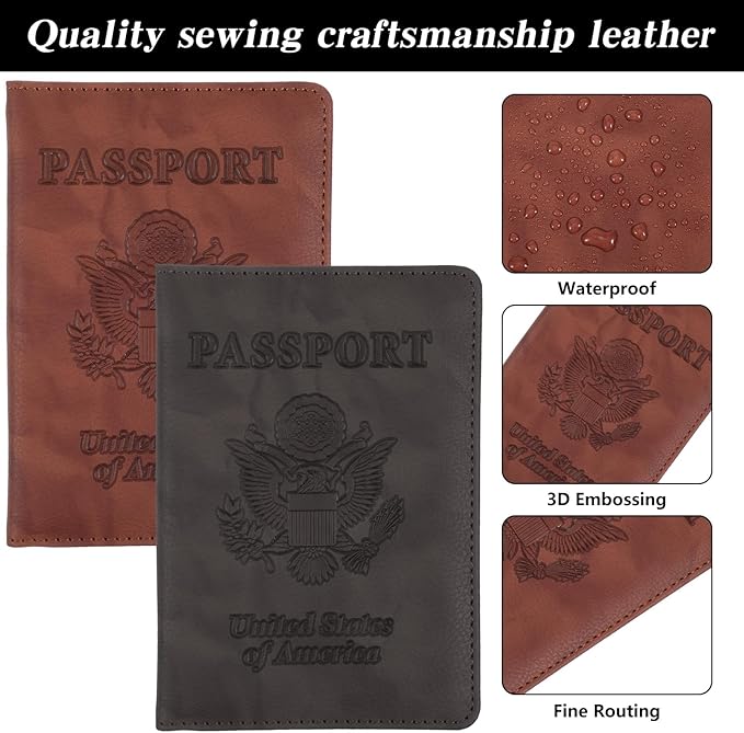 2pcs Passport Case, Passport Cover Holder for Travel, Waterproof PU Leather Ultra Slim Protector Lightweight Wallet Case Travel Essentials with Card Cover Slot Card Holders for Men & Women
