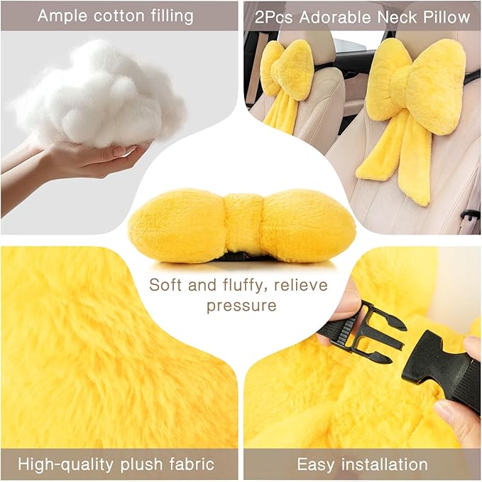 Macarrie 2 Pcs Car Neck Pillow Plush Butterfly Bow Car Headrest Pillow Comfortable Seat Neck Support Cute Head Rest Accessories for Driving Travel Driver Chair Girl Interior Decor(Lemon Yellow,Solid)