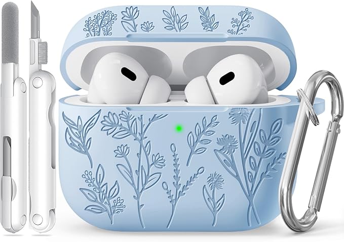 Flower Engraved Case for Apple AirPods Pro 2nd/1st Generation, Soft Silicone AirPods Pro 2 Gen Protective Cover for Women Airpod Cases with Clean Kit,Carabiner,Front LED Visible,Light Blue