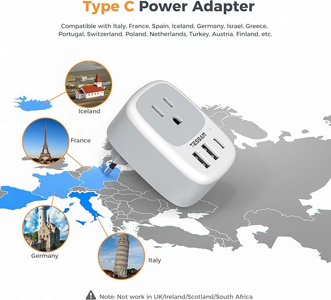 3 Pack European Travel Plug Adapter, TESSAN US to Europe Plug Adapter with 3 USB Ports (1 USB C), Type C Power Adaptor for EU International Italy Spain France Greece Iceland Germany