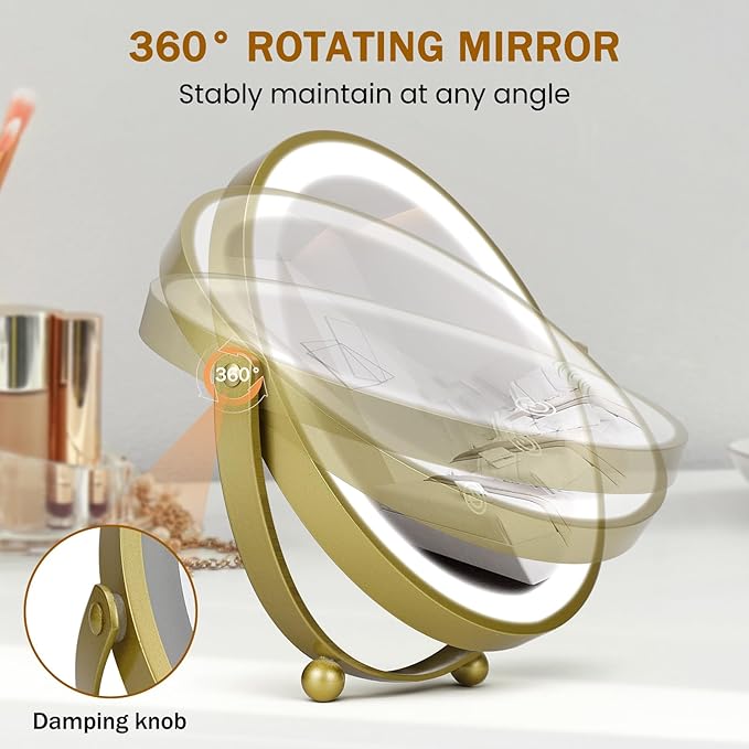 Vanity Mirror with Lights, 8" LED Makeup Mirror Built-in 1500mAH Lithium Battery, HD Professional Mirror, Smart Touch with 3-Color Lighting, Dimmable, Lighted Up for Makeup Desk, Travel (Gold)