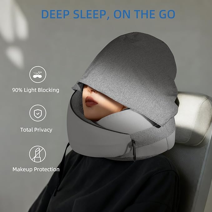 Travel Pillow, Hooded Neck Pillow Airplane for Sleeping, Memory Foam Traveling Pillow for Long Flights, Portable Plane Accessories(Light Gray)