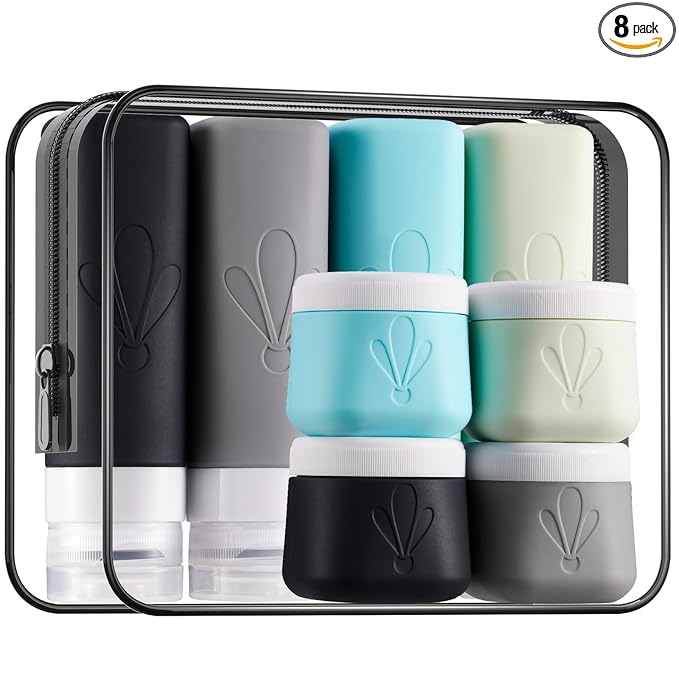INSFIT travel bottles for toiletries 8 Pack, Leak proof Travel Size Toiletries Containers with toiletry bag, Squeezable Silicone Bottles & Cream Jars, Travel Essentials BPA-Free kit for Shampoo