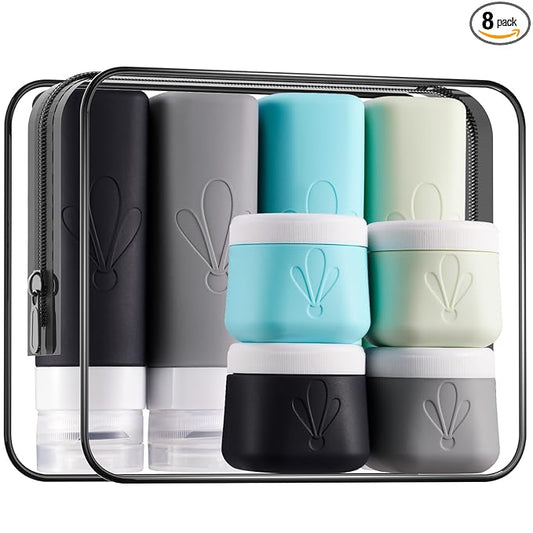 INSFIT travel bottles for toiletries 8 Pack, Leak proof Travel Size Toiletries Containers with toiletry bag, Squeezable Silicone Bottles & Cream Jars, Travel Essentials BPA-Free kit for Shampoo