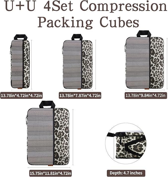 U+U 4 Set Compression Packing Cubes - Ultralight Travel Organizers, Space-Saving Suitcase Organizer, Expandable Packing Organizers for Travel Essentials (Leopard)