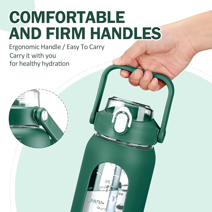 56oz Glass Water Bottles with Straw, Motivational Glass Bottle with Silicone Sleeve and Time Marker, Leakproof Large Glass Water Jug for Gym Home Office,Ink green