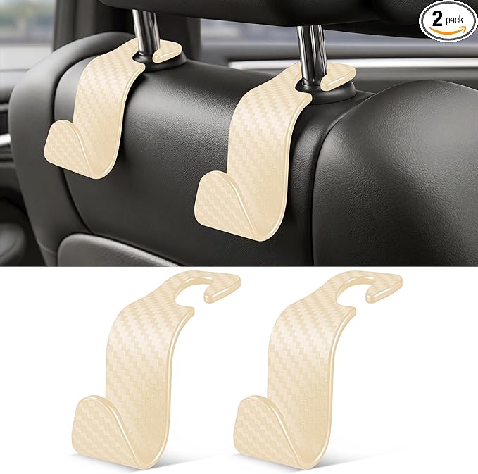 SINGARO Universal 2 Pack Car Seat Headrest Purse Hook, Carbon Fiber Back Seat Hook Storage Organizer Hanger for Purse Handbag Coat, Car Interior Accessories(Beige)