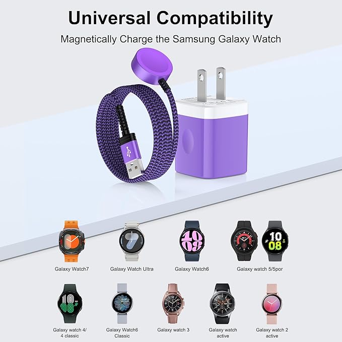 for Samsung Watch Charger Magnetic Fast Charging Cable Compatible Galaxy Watch 8/8 Classic/FE 7 Ultra/6/6 Classic/5 Pro/5/4/3/Active2,5 V 1A USB Fast Charger Adapter with 3FT Wireless Charging Dock