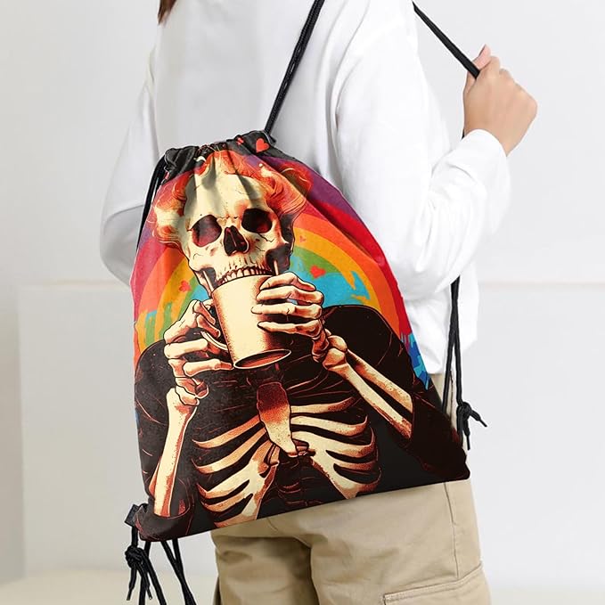 Drawstring Backpack Draw String Sports Bags for Gym Travel Beach Waterproof Cute Sackpack Men Women Aesthetic (13"×17")-Rainbow Skull