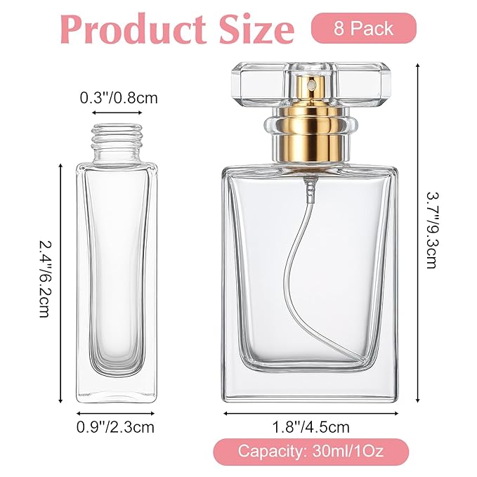 8 Pack 1 oz/30 ml Perfume Bottles Empty Refillable, Glass Perfume Spray Bottles with Gold Mist Atomizer - Premium Square Empty Travel Containers for Essential Oils, Cologne & DIY Fragrances