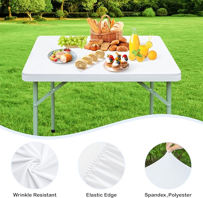 Wolkemer 2 Pack White Fitted Tablecloth 34x34 Inch Square Elastic Edges Table Cloth, Spandex Stretch Table Cover with Machine Washable Fabric for Wedding Party Picnic Dining Indoor Outdoor