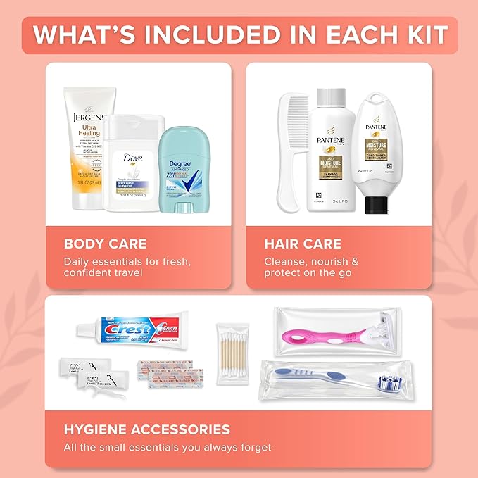 Bulk Women’s Hygiene Kits 15 Piece Travel Toiletry Kit with Shampoo Conditioner Body Wash Lotion Deodorant Razor Toothbrush Toothpaste Comb Flossers Swabs Bandages Wipes