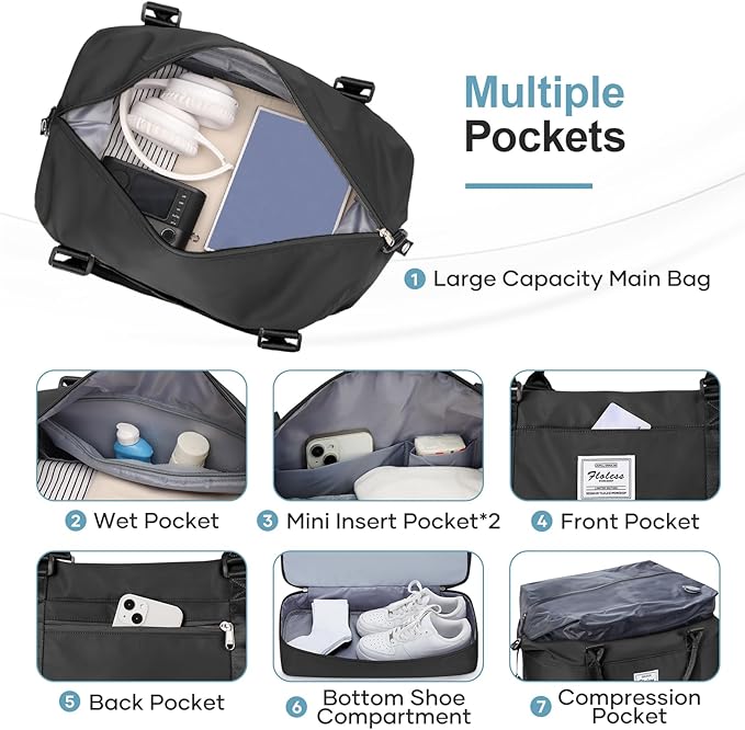 Overnight Weekender Bags for Women,Vacuum Travel Duffel Bag with Air Pump, Personal Item Travel Bag with Shoes Compartment & Compression Pocket,Black