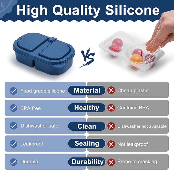6 Pack Reusable Silicone Snack Containers with Lids, 2 Compartment Bento Snack Boxes, Leakproof Portion Control Food Containers for Fruits, Nuts, School, Office & Travel, Dishwasher Safe