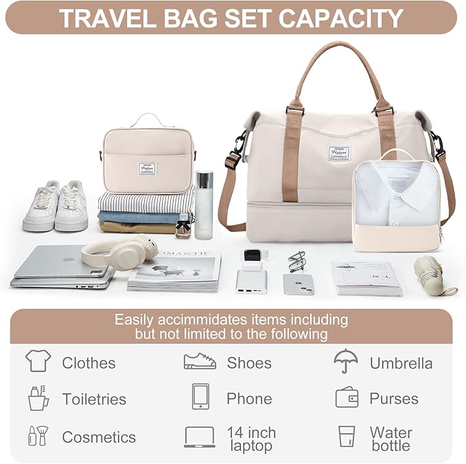 Weekender Bags for Women,Travel Duffle Overnight Bag with Shoe Compartment,Personal Item Carry On Bag,Beige & Brown,Extra Large,3 Pcs Set