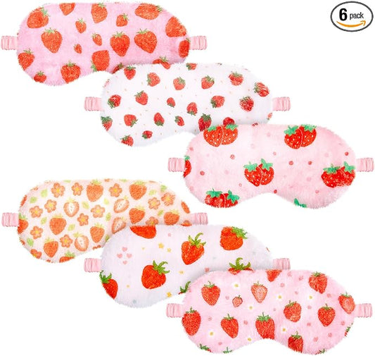 Cuffbow 6 Pack Plush Sleep Mask Set, Cute Plush Eye Masks for Sleeping, Soft Comfortable Travel Nap Blindfold, Sleepover Party Favors for Women(Strawberry,Pink)