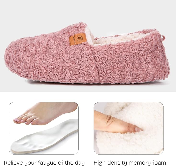 EverFoams Women’s Soft Curly Full Slippers Memory Foam Lightweight House Shoes Cozy Loafer with Polar Fleece Lining