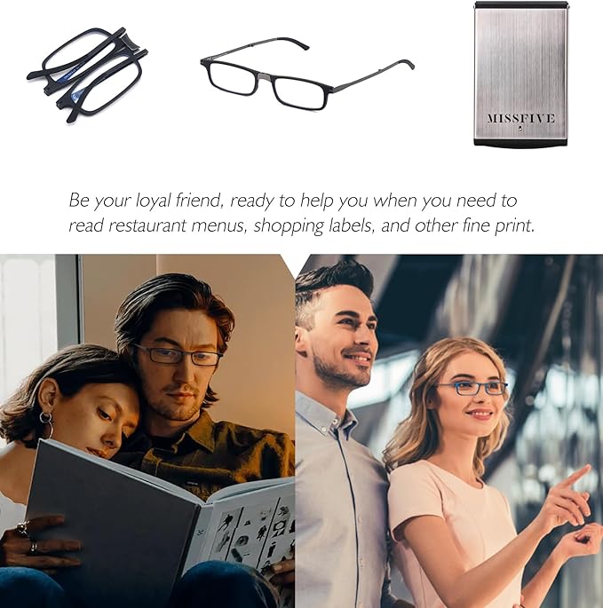 Missfive Premium Folding Reading Glasses Blue Light Blocking for Men Women, Ultra Thin Foldable Portable Travel Readers with Durable Pocket Metal Case, Compact Eyewear 2.5x