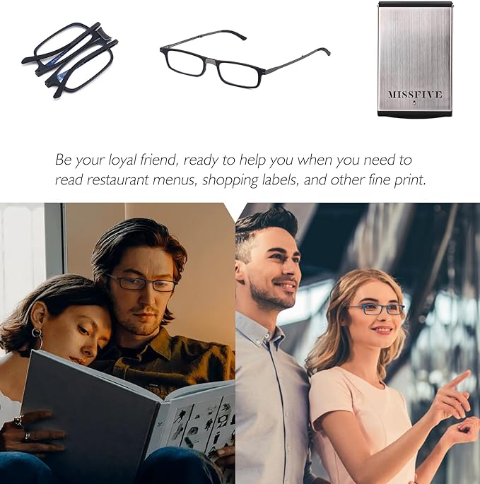 Missfive Premium Folding Reading Glasses Blue Light Blocking for Men Women, Ultra Thin Foldable Portable Travel Readers with Durable Pocket Metal Case, Compact Eyewear 2.75x