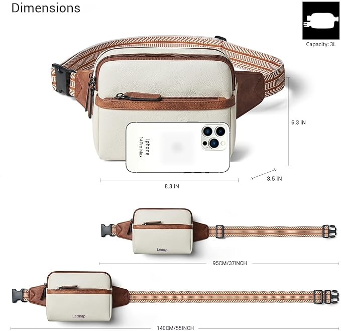 LATMAP 3L Fanny Packs Belt Bag for Women Small Everywhere Crossbody Bag Waist Packs Faux Leather Sling Chest Travel Purse