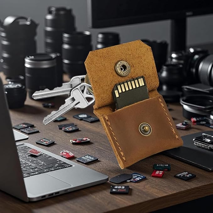 Jack&Chris Genuine Leather SD Card Holder Keychain, Anti-Shock Anti-Dust SD Card Case, Portable Camera Accessories for SD CF CFexpress Micro SD Nano SIM and Micro SIM Cards, Yellow Brown 4 Packs