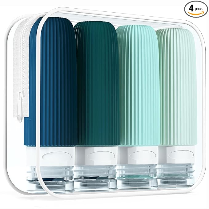Mrsdry Travel Bottles for Toiletries, Tsa Approved 3oz Portable Travel Bottles, BPA Free Leak Proof Squeezable Silicone Travel Size Containers, Travel Accessories with Clear Toiletry Bag (4 Pack)
