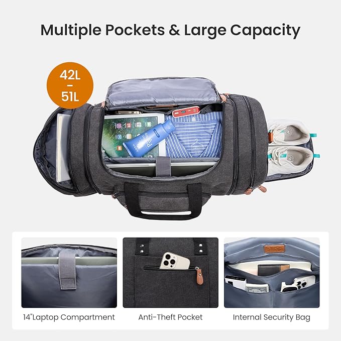 Sucipi Canvas Travel Duffel Bag for Men, Weekend Overnight Bag with Shoe Compartment and Toiletry Bag, Carry-On for Airplanes, Black