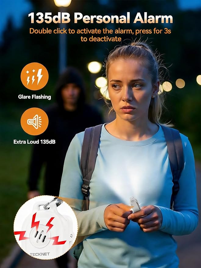 TECKNET Personal Safety Alarm 135dB with SOS Strobe Light for Women - Rechargeable& IPX4 Waterproof Running Lights with Clip On Torch & Low Battery Notice, Safety Siren for Running, Travel Kids, Wihte