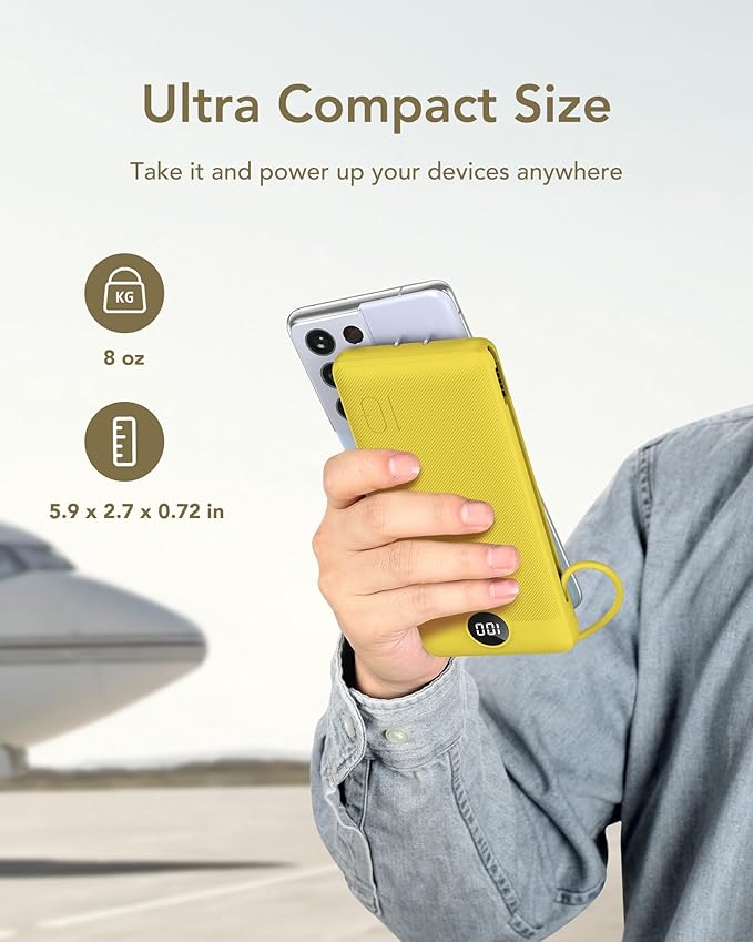 VEGER Portable Charger Power Bank with Built-in AC Plug and Cables, All in One 10000mAh Ultra Slim Travel Essentials, Fast Charging Battery Pack Compatible with iPhone, Samsung, Android, Yellow