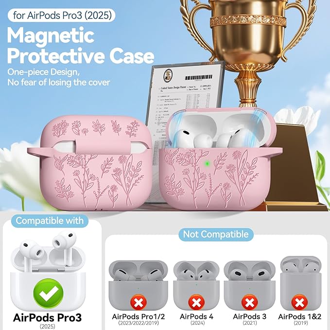 for Airpods Pro 3 Case with Magnetic Lid, Flower Engraved Cases for Apple AirPods Pro 3rd Generation 2025, Soft Silicone Cover for Women Girly with Cleaner & Keychain, Shockproof