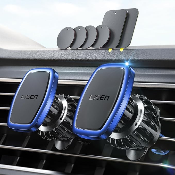 LISEN 2 Pack Magnetic Phone Holder for Car Magnet for Phone Car Mount Vent 6 Military Magnets Vent Cell Phone Holder Mount for Car Plate Fit All, Gifts for Women Men, Car Accessories (Blue)