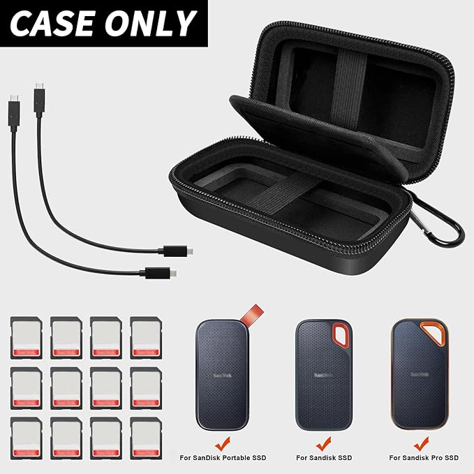 COMECASE Dual SSD Case for SanDisk Extreme Portable SSD & Extreme Pro, Hard Drive Storage Bag Fits 1TB 2TB 4TB 8TB External Solid State Drive, with 12 SD Card Slots, for Travel - Black(Box Only)