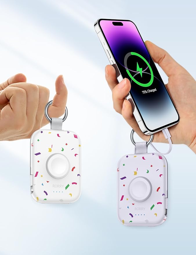 RORRY CharmGo Portable Charger, 5000mAh Portable Charger Power Bank with Built-in Cables, Travel Keychain Battery Pack for Apple Watch and iPhone Air/17/16/15/14/13/12, Confetti-Deepblue