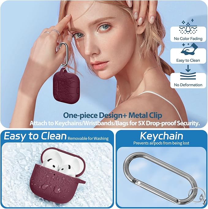 for Airpods 4 Case, Ekoonpft Flower Engraved Cases for Apple AirPods 4th Generation 2024, Soft Silicone Cover for Women Girly with 3-in-1 Cleaning Kit & Keychain, Anti-Scratch, Shockproof