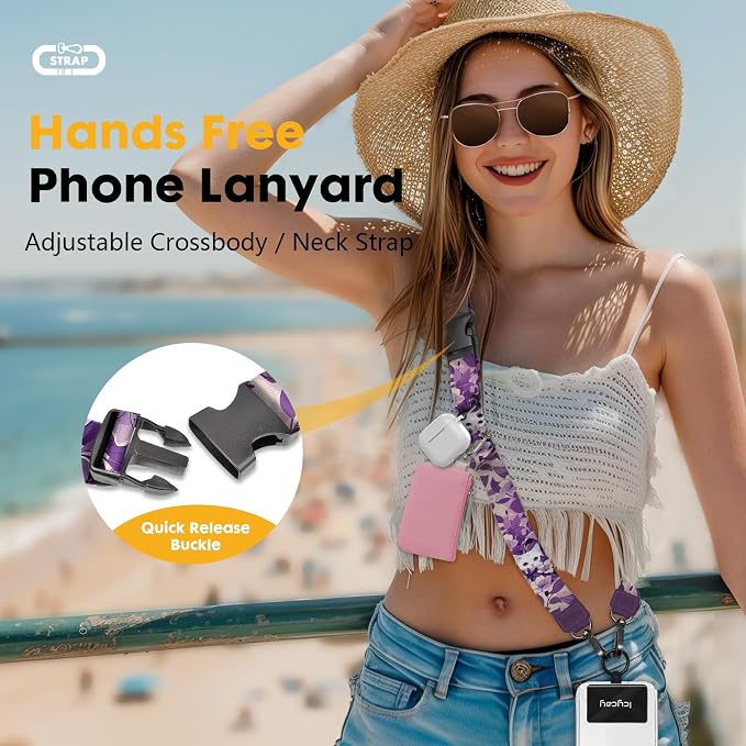 Icycay Phone Lanyard Crossbody, White Cat Cell Phone Strap for Around The Neck Adjustable, Purple Anti Theft Cute Lanyard for ID Holder Key Accessories Travel Essential