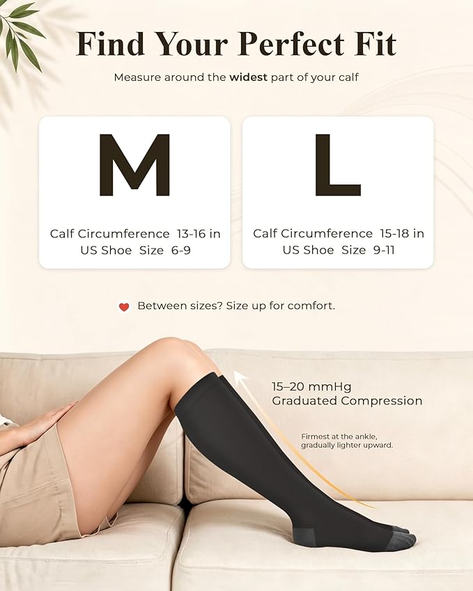 Compression Socks for Women 15-20 mmHg, Viscose from Bamboo, 3-Pair Knee High for Flying, Work & All-Day Comfort