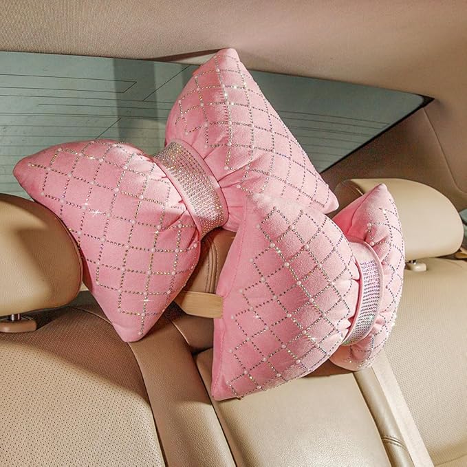 Carwales Car Headrest Pillow Pink Sparkly Bling Rhinestone Accessories for Women Bow Seat Neck Support Pillow for Travel Driver Chair Head Rest 2pcs