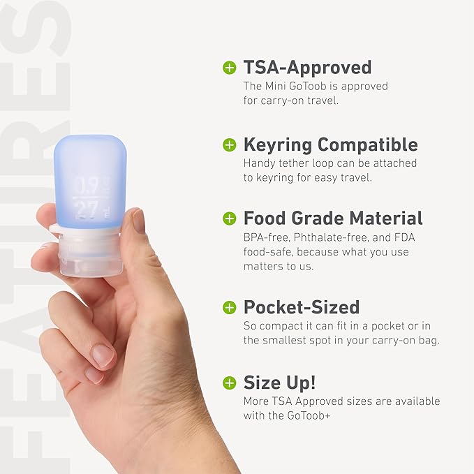 humangear GoToob Bottles - Silicone Leak-Proof Travel Tubes for Toiletries, Camping & TSA Carry-On (3-Pack), Mini (0.9 fl oz; 27ml), Clear/Green/Blue