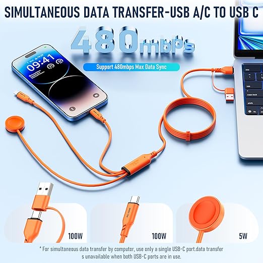 Travel Essentials 3 in 2 Multi Charging Cable 100W USB A/C to Dual USB C/for Apple Watch Charging Cable Silicone Fast Charge Compatible with iPhone 17-15 Series iPad MacBook, Type-C Devices 5FT-Orange