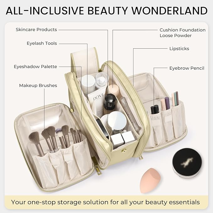 Travel Makeup Bag Women's Large Capacity Cosmetic Portable Organizer Large Opening Waterproof Storage Toiletry Bags Vertical Free-Standing Brush Holder for Easy Access Gold