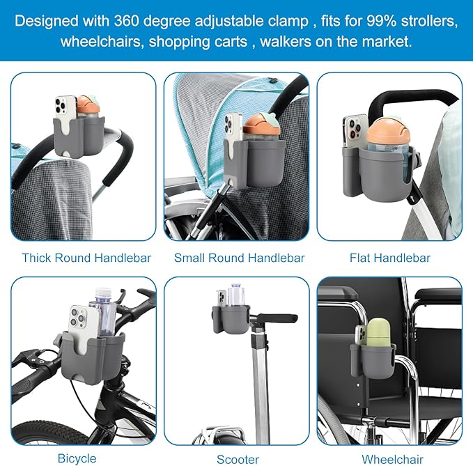 Accmor Stroller Cup Holder with Phone Holder, Bike Cup Holder, Universal Cup Holder for Uppababy Nuna Doona Strollers, 2-in-1 Cup Holder for Walker, Wheelchair, Scooter