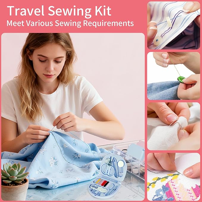 2 Pcs Mini Travel Sewing Kit,Handheld Sewing Machine Professional Portable Needle and Thread Kit Purse Mini Essentials Materials with Scissors,Threads,Needles(Soft Pink,Soft Blue)