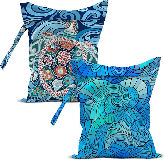 2 Pcs Sea Turtle Wet Bags, Blue Wet Dry Bag Reusable Zipper Pouch for Swimsuit, Diapers, Pool, Beach, Travel, Dirty Yoga Gym Clothes, Toiletries, Waterproof Birthday Gifts, Sea Turtle Gifts for Women