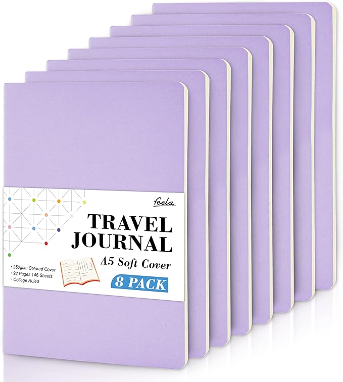feela 8 Pack Soft Cover Journal Bulk, Notebooks College Ruled for Work, Lined Travel Journal for Women Men, Note Taking Notebook School Supplies Business Writing, 8.2” x 5.5”, A5, Light Purple